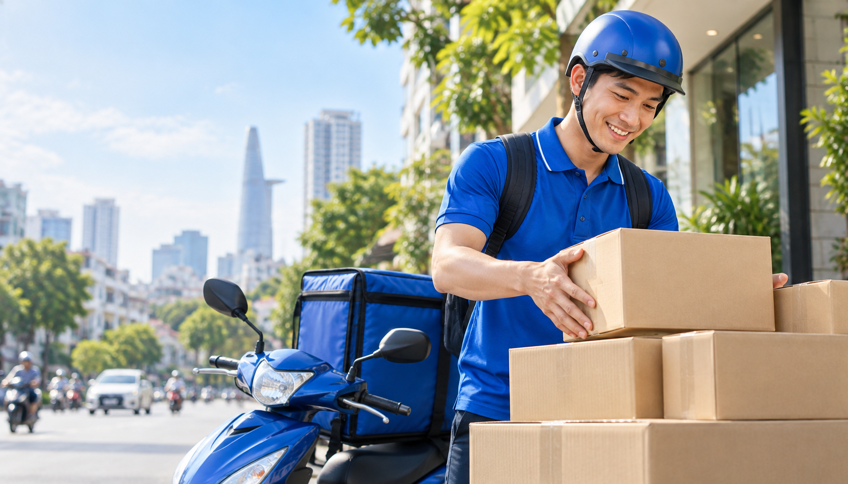 Nhân viên SG Express vận chuyển kiện hàng đến khách hàng