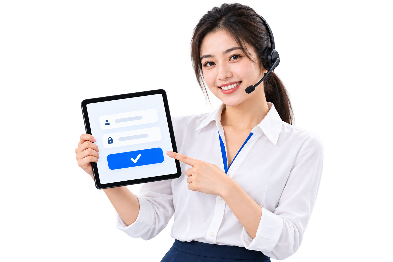 Nhân viên tư vấn thân thiện hướng dẫn đăng ký nhanh trên máy tính bảng, hỗ trợ 24/7