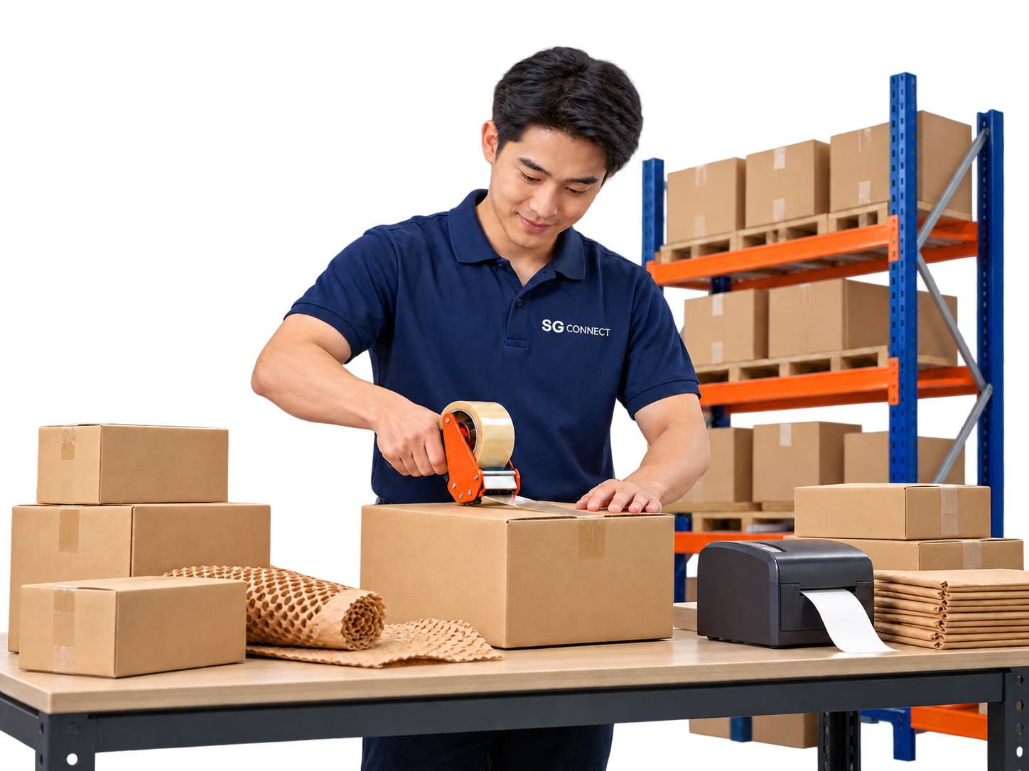 Nhân viên đóng gói kiện hàng tại bàn thao tác trong kho chuyên nghiệp