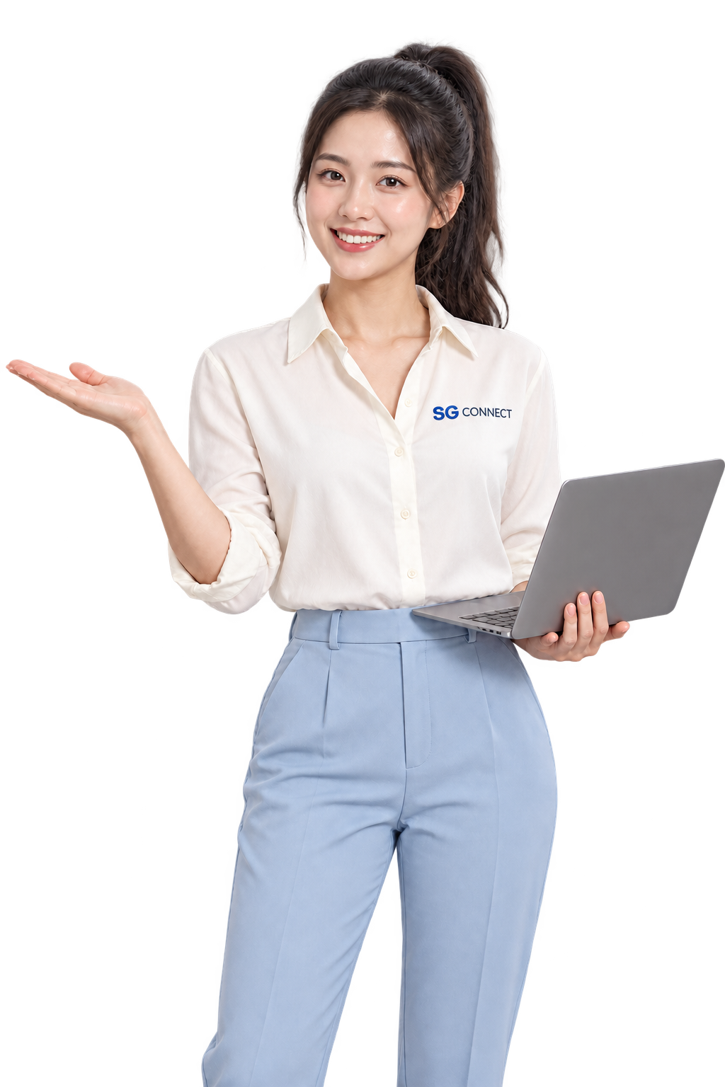 Chuyên viên SG Connect áo sơ mi trắng, tóc buộc cao, cầm laptop và giới thiệu hệ sinh thái công cụ bán hàng