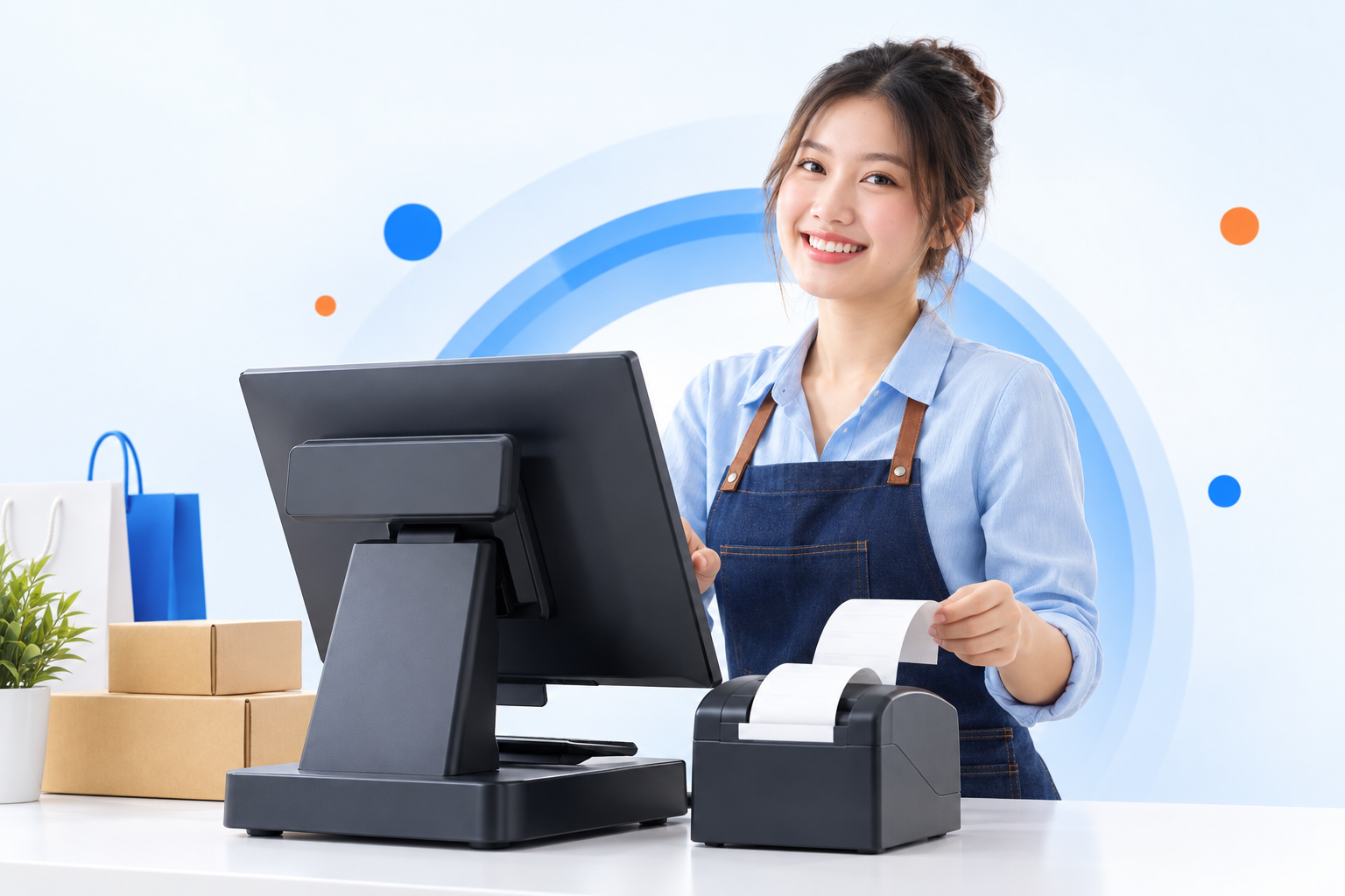 Cô chủ shop trẻ vui vẻ sử dụng máy bán hàng và máy in hóa đơn